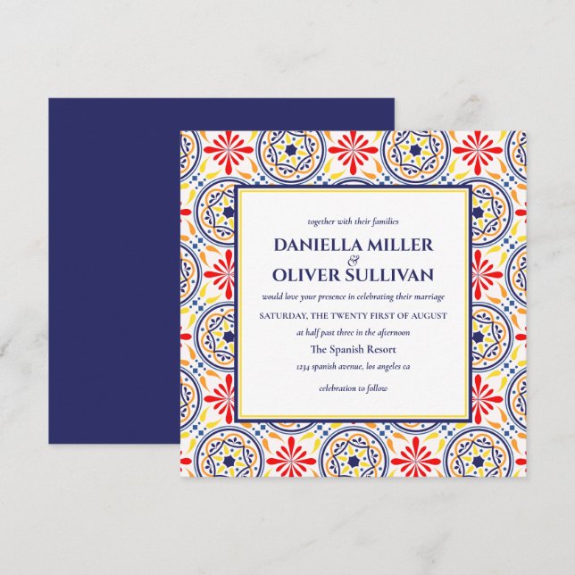 Spanish Navy Yellow Tile Mediterranean wedding VA Invitation (Front/Back)