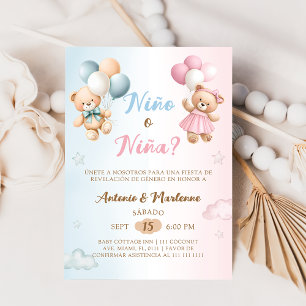 Spanish Nino o Nina Bear Balloon Gender Reveal Invitation