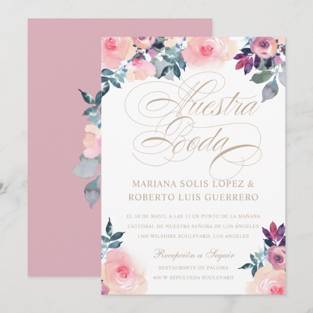 Spanish Nuestra Boda flores pintadas rosada morada Invitation (Front/Back)