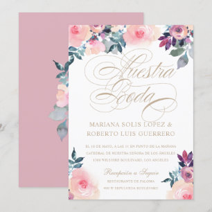 Spanish Nuestra Boda flores pintadas rosada morada Invitation