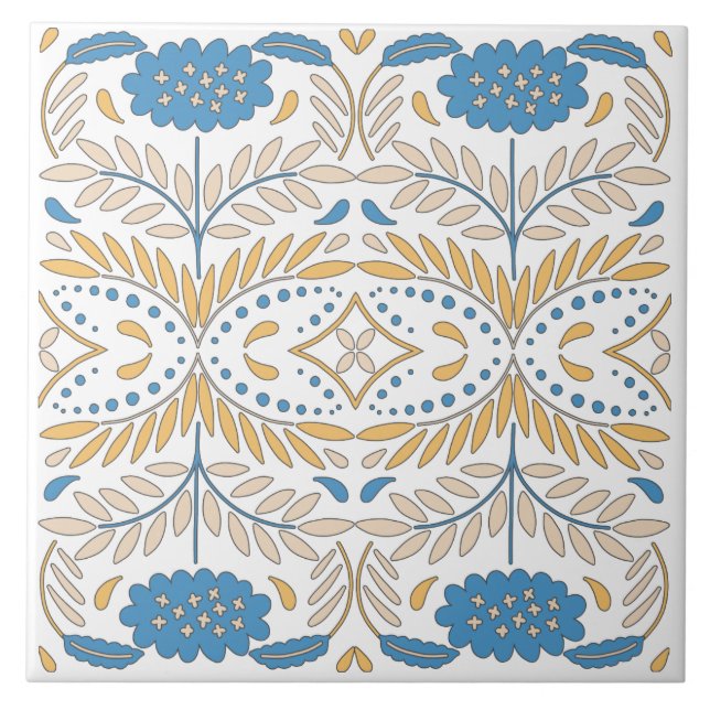 Spanish Orange Blue Pink Floral Mediterranean Tile (Front)