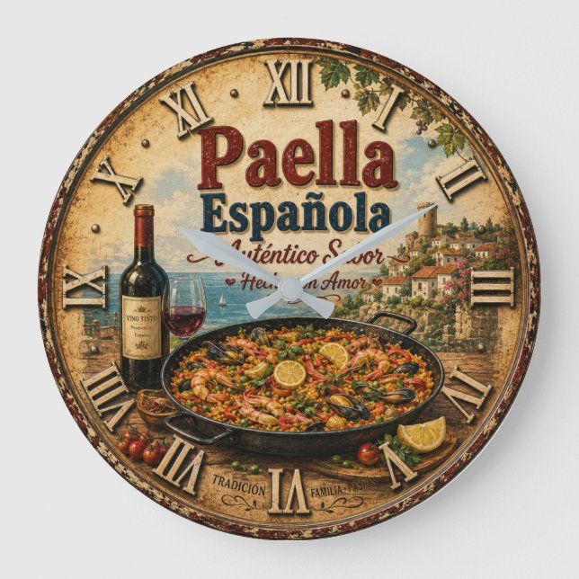 Spanish Paella Rustic Mediterranean Kitchen  Large Clock (Front)