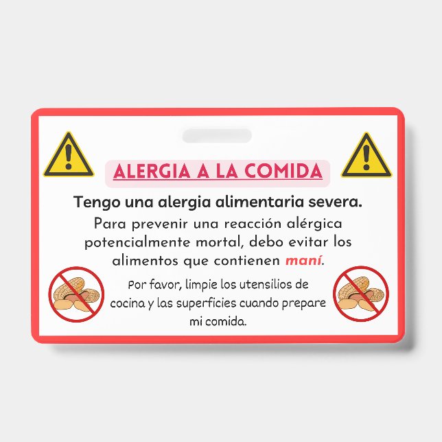 Spanish Peanut Allergy Alert Chef Card  Badge (Front)