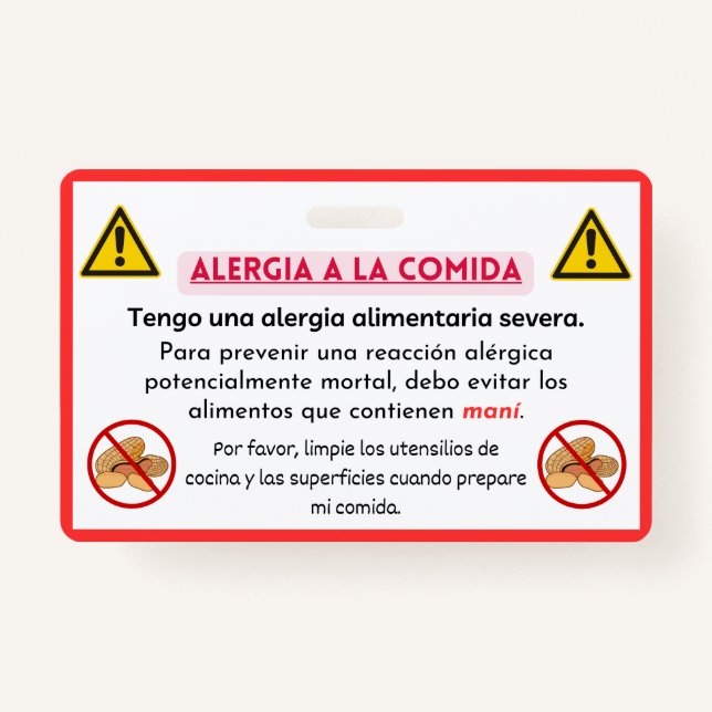 Spanish Peanut Allergy Alert Chef Card  Badge (Front)