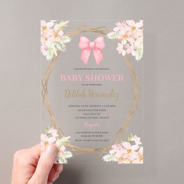 Spanish pink blush floral baby shower acrilic acrylic invitations (Insitu (Handheld))