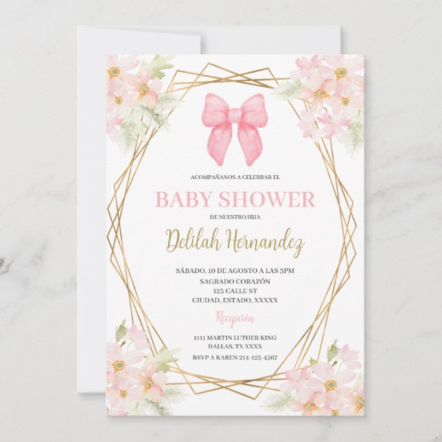 Spanish pink blush floral baby shower invitation (Front)