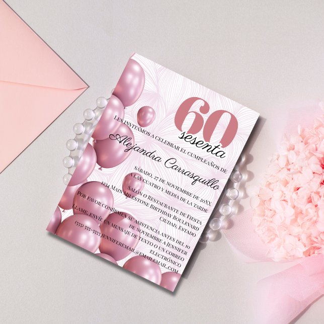 Spanish Pink Blush Floral Balloons 60th Birthday Invitation (Creator Uploaded)