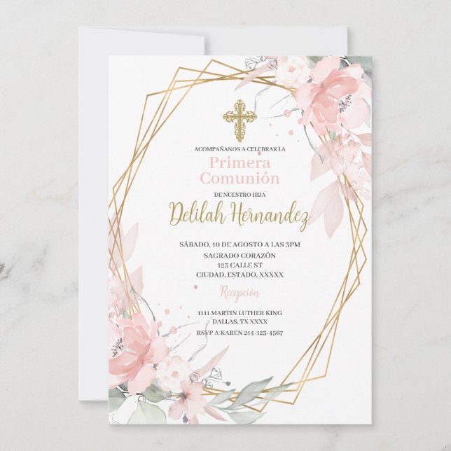 Spanish pink blush floral first communion  invitation (Front)