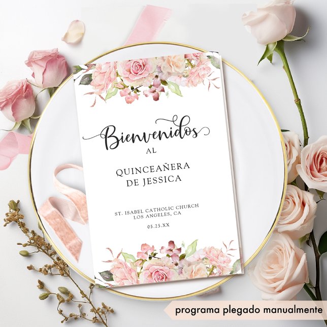 Spanish, Pink Blush Rose Gold Quinceanera Program (Creator Uploaded)