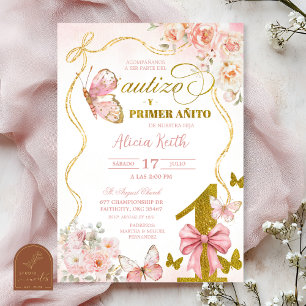 SPANISH Pink Butterfly Bautizo Y Primer Anito Invitation