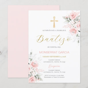 Spanish Pink Floral Baptism Girl Invitation