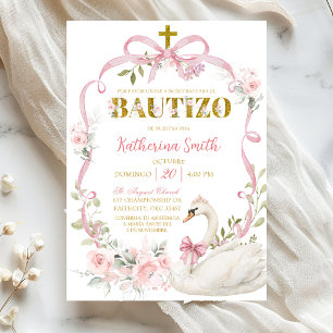 Spanish Pink Floral Bow Coquette Swan Bautizo Invitation