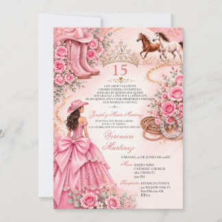 Spanish Pink Floral Charro Princess Sweet 15 Años Invitation
