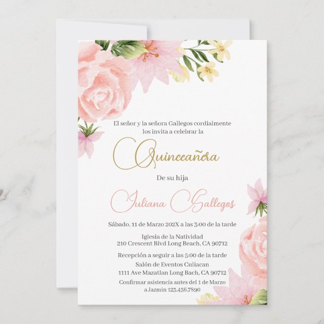 Spanish Pink Floral Quinceanera invitation (Front)