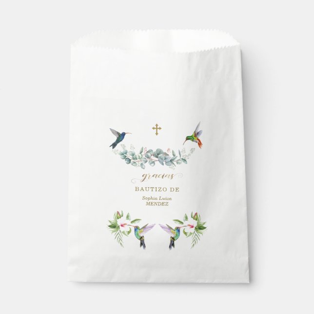 Spanish Pink Hibiscus Flowers Eucalyptus Bautizo Favour Bag (Front)