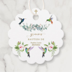 Spanish Pink Hibiscus Flowers Eucalyptus Bautizo Favour Tags