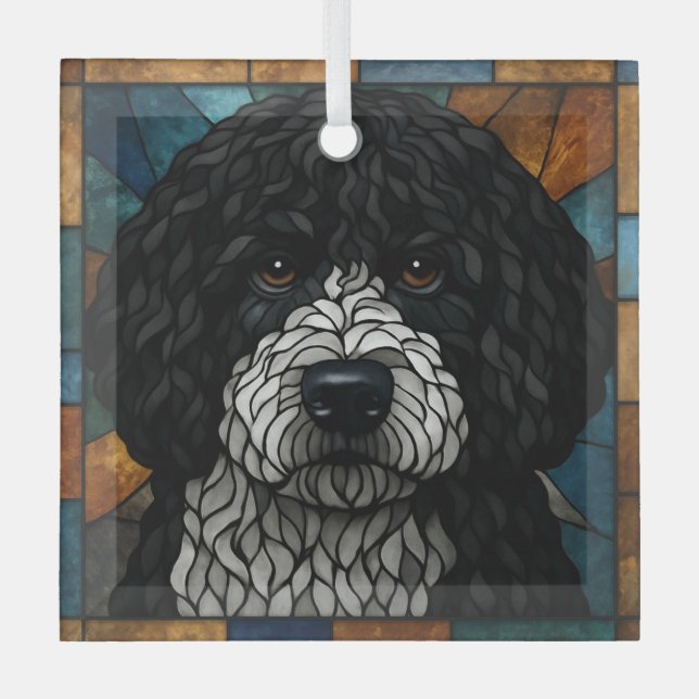 Spanish / Portuguese Water Dog "Stained Glass" Glass Ornament (Front)