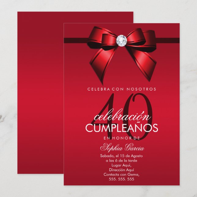 Spanish Posh Gem Bow & Ribbon 40th Birthday Invitation (Front/Back)