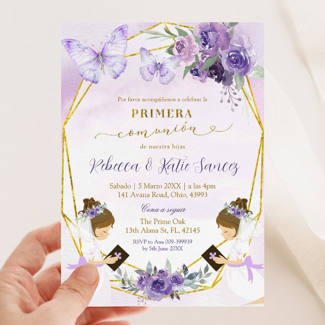 Spanish Purple Butterfly Twins Primera Comunion Invitation (Creator Uploaded)
