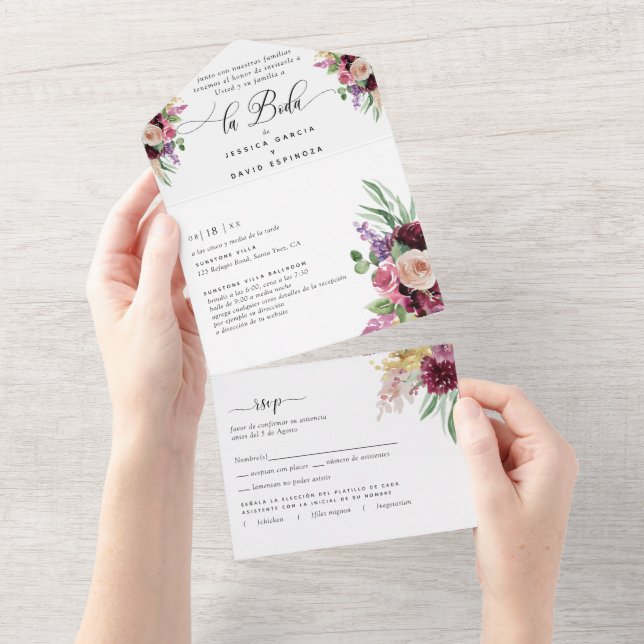 Spanish, Purple Mauve Floral Wedding Tear Off RSVP All In One Invitation (Tearaway)