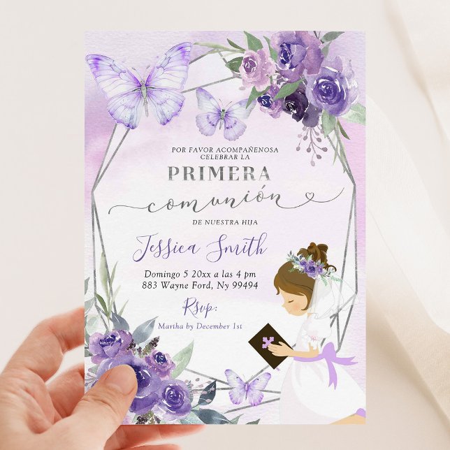 Spanish Purple Rose Girl Kneeling Primera Comunion Invitation (Creator Uploaded)