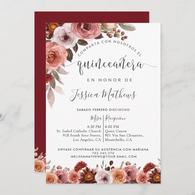 Spanish Quinceañera, Burgundy Blush Floral Marsala Invitation (Front/Back)