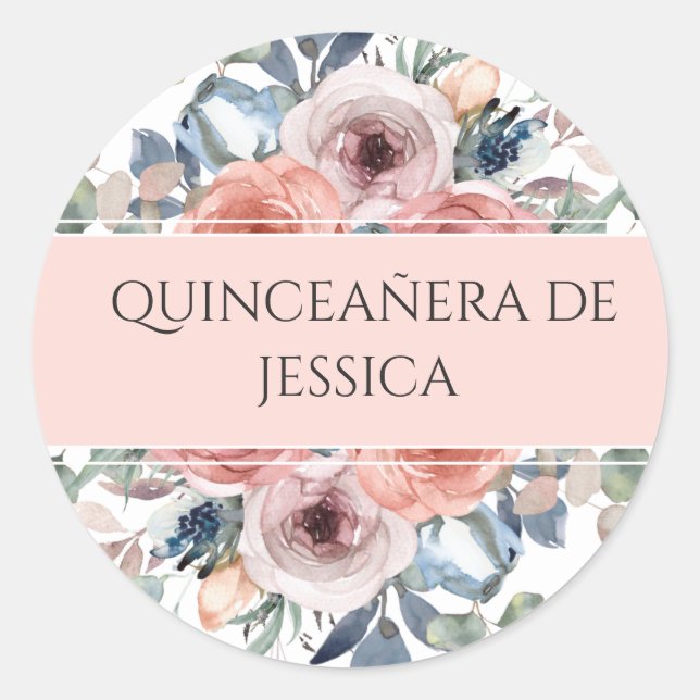 Spanish, Quinceañera, Floral Envelope Seal/Favour Classic Round Sticker (Front)