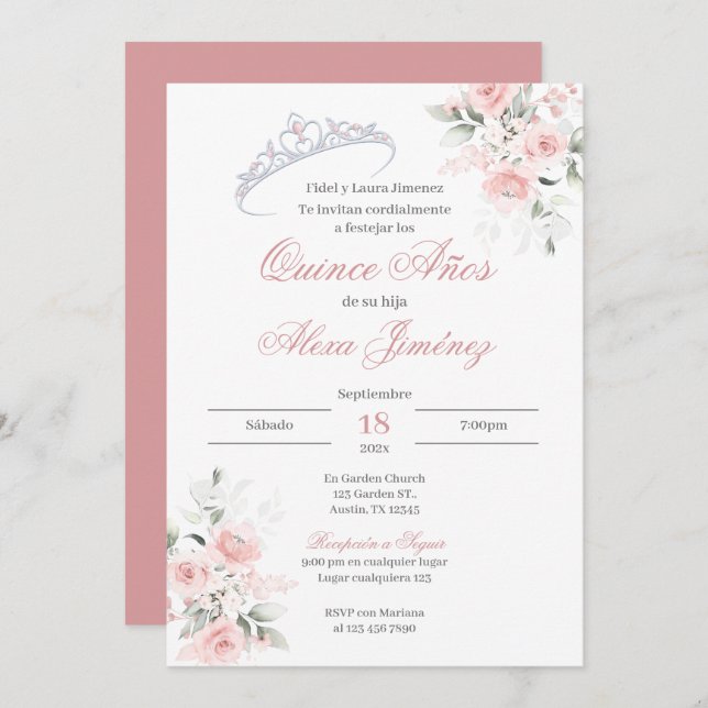 Spanish Quinceanera Pink Floral Invitation (Front/Back)