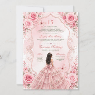 Spanish Quinceañera Pink Roses 15 Años Princess Invitation