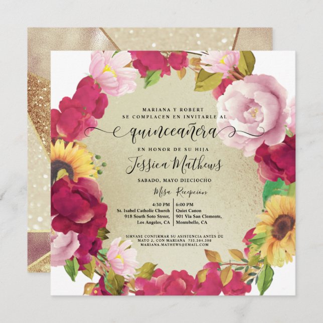 Spanish, Quinceañera Red Floral,Glitter Invitation (Front/Back)