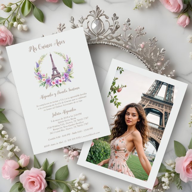 Spanish Quinceañera Romantic Eiffel Tower Photo Invitation (Spanish Quinceañera Romantic Eiffel Tower Pastel Floral Garland Photo Invitations Cards.)