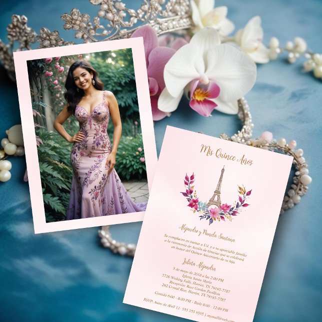 Spanish Quinces Pink Garland Eiffel Tower Photo  Invitation (Cute Spanish Quinces Pink Garland with Eiffel Tower Photo Quinceañera Invitations.)