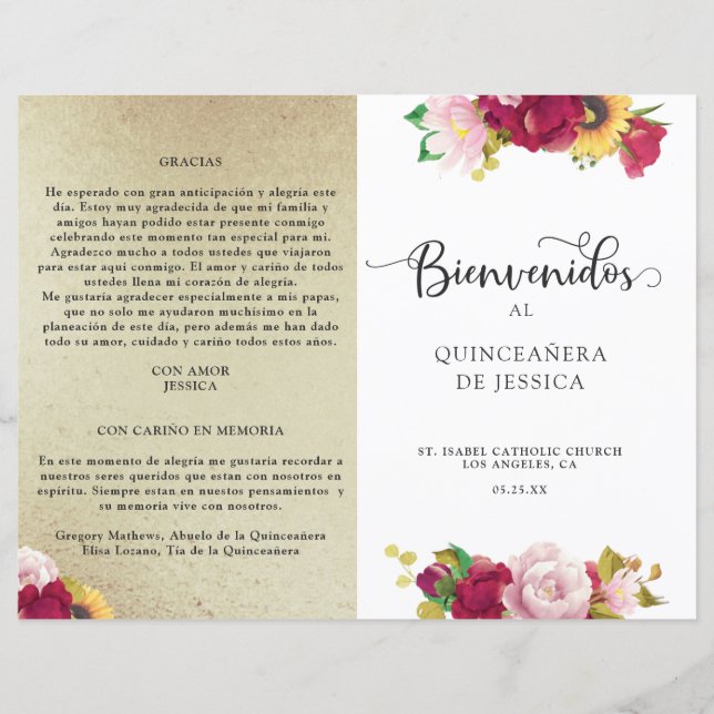 Spanish Red Gold Yellow Floral Quinceanera Program (Front)