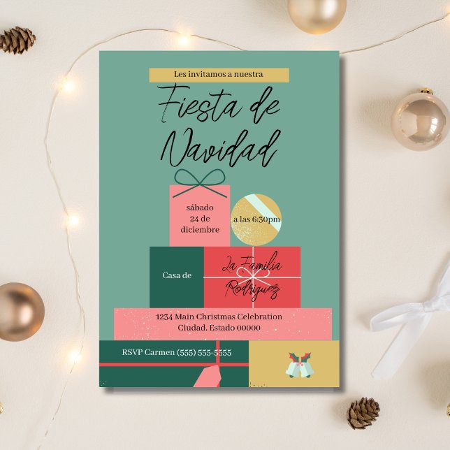Spanish Retro Green Festive Gifts Christmas Party Invitation (Creator Uploaded)