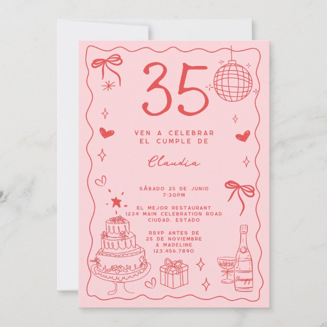 Spanish Retro Quirky Red Pink 35th Birthday Invitation (Front)