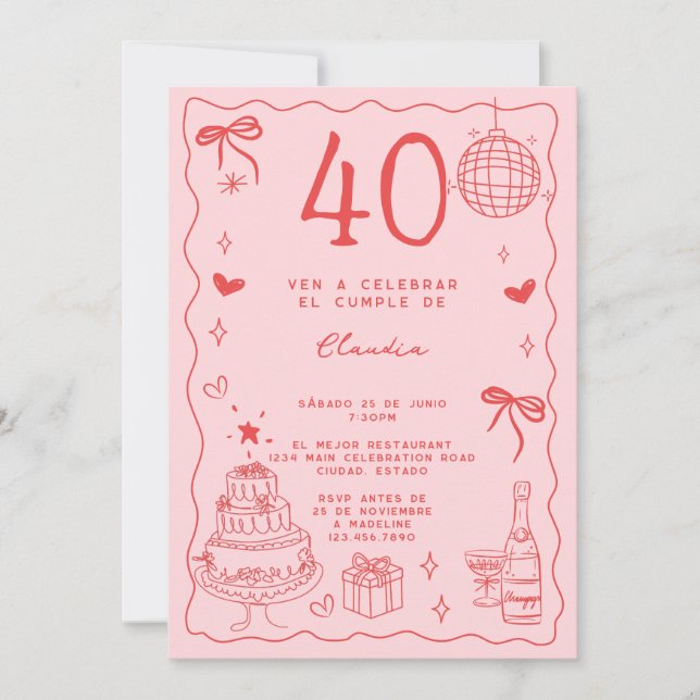 Spanish Retro Quirky Red Pink 40th Birthday Invitation (Front)