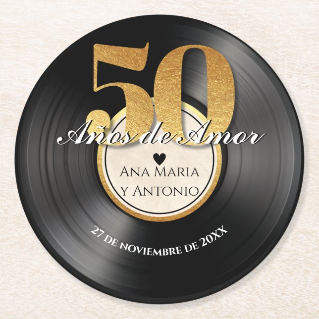 Spanish Retro Vinyl Record 50th Anniversary Round Paper Coaster (Front)