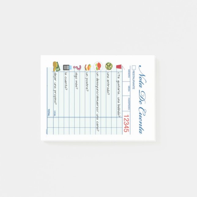 Spanish Role-Play Restaurant Check Post-it Notes (Front)