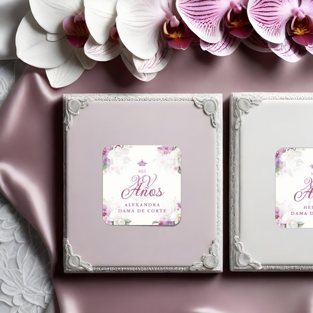 Spanish Romantic Exquisite Floral Orchids Bouquets (Spanish Romantic Exquisite Floral Orchids Bouquets Mis XV Años Square Sticker: A Touch of Elegance.)