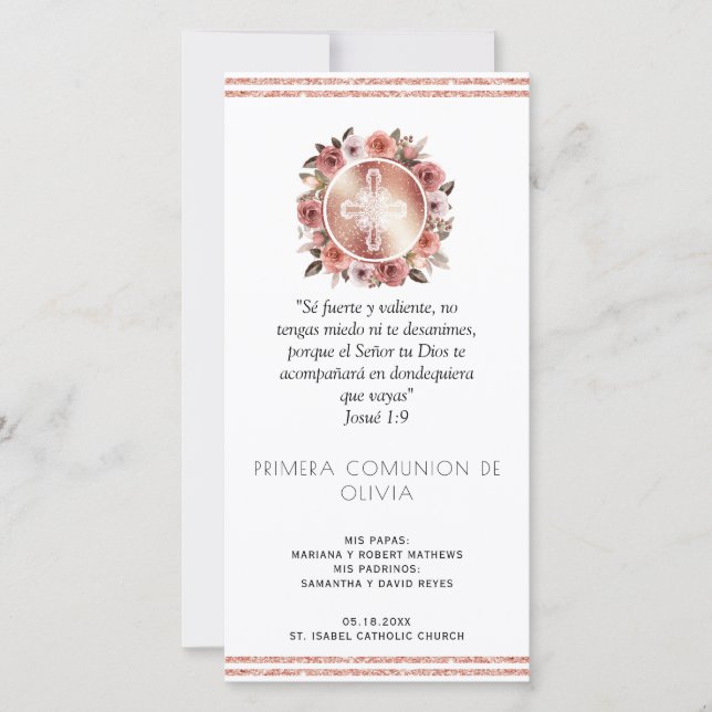 Spanish, Rose Gold First Communion Bookmark Favour Thank You Card (Front)