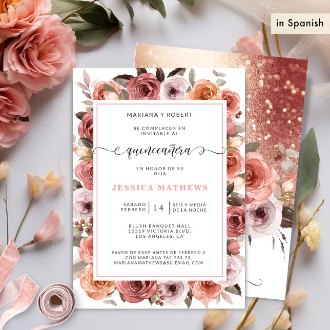 Spanish Rose Gold Quinceañera Pink, Blush Floral Invitation (Creator Uploaded)