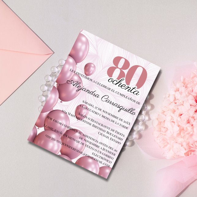 Spanish Rose Pink Floral Balloons 80th Birthday Invitation (Creator Uploaded)