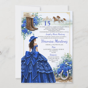 Spanish Royal Blue Floral Charra Princess 15 Años Invitation