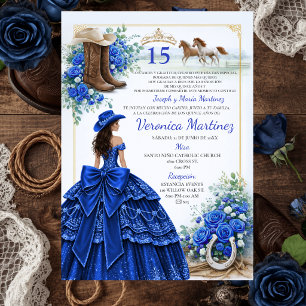 Spanish Royal Blue Floral Charra Princess 15 Años Invitation