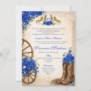 Spanish Royal Blue Floral Sweet 15 Años Western Invitation