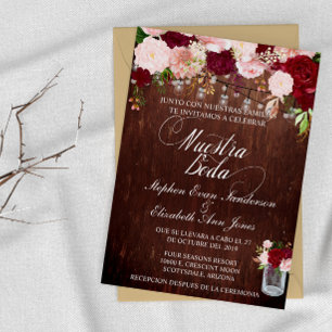 Spanish Rustic Wood Burgundy Blush Mason Jar Invitation