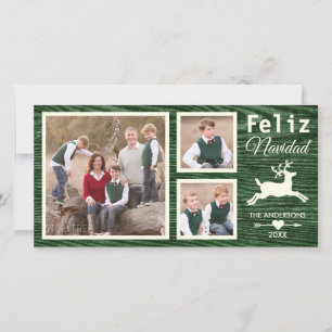 Spanish Rustic Wood Reindeer Green Christmas Photo Holiday Card