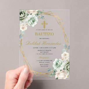 Spanish sage green floral baptism acrylic invitations