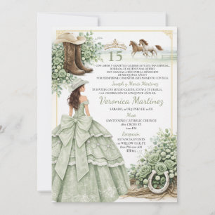 Spanish Sage Green Floral Charro Princess 15 Años Invitation