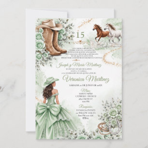 Spanish Sage Green Floral Princess Western 15 Años Invitation